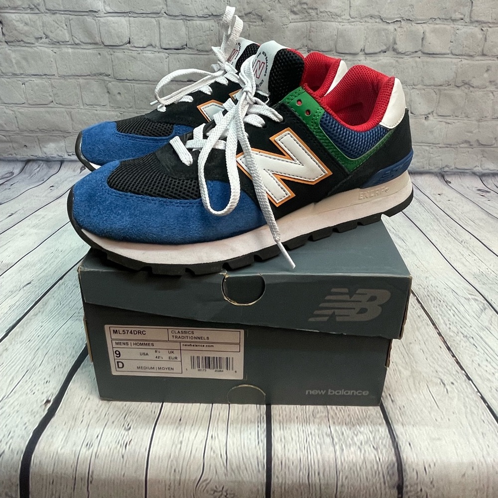 New Balance 574 Rugged Black Captain Blue Red Green ML574DRC Men's 9